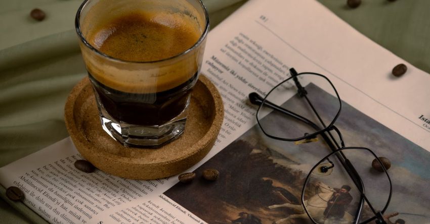 Coffee Nook - A cup of coffee and glasses on a bed