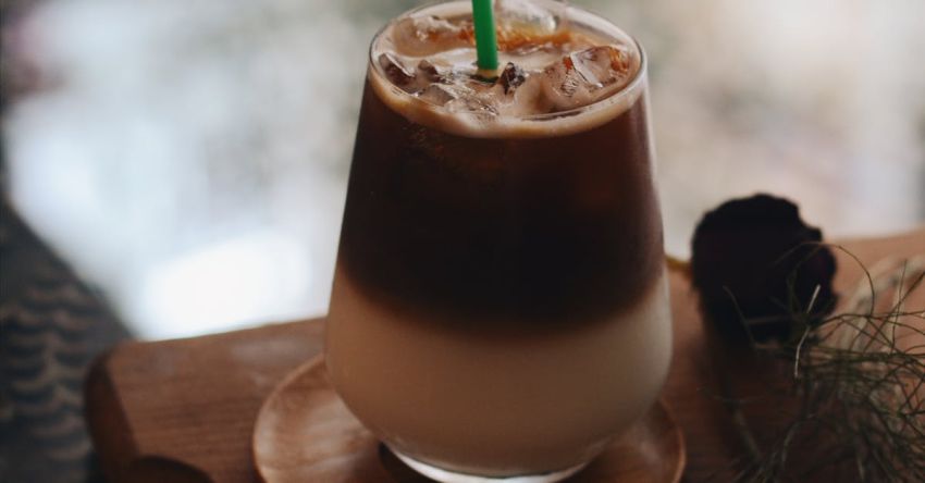 Coffee Ice Cream - Filled Clear Rock Glass With Green Straw