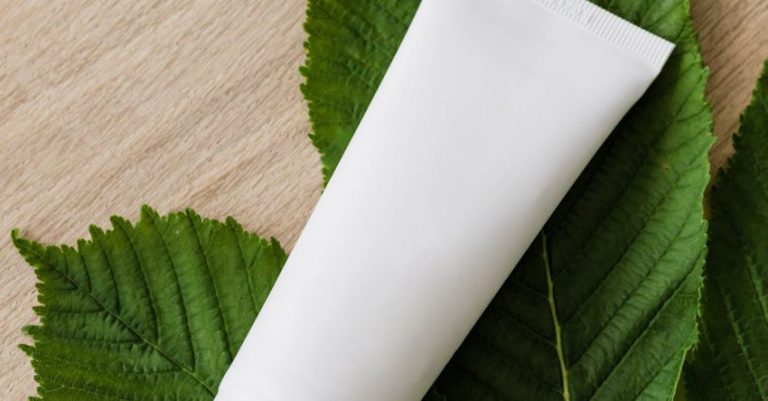 Wood Care - Blank cosmetic tube on fresh chestnut leaf